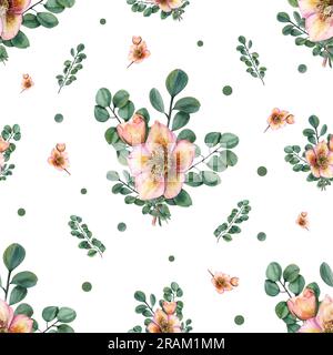 Zarter Strauß von Hellebores, Eukalyptusäste. Nahtloses Blumenmuster auf dunklem Hintergrund. Aquarelle Darstellung für Stoff, Textil Stockfoto