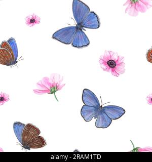 Fliegende blaue Schmetterlinge zwischen rosa Anemonblumen isoliert auf weißem Hintergrund. Knappe Kupferschmetterlinge. Nahtloses Aquarell-Muster. Für Ausdrucke Stockfoto