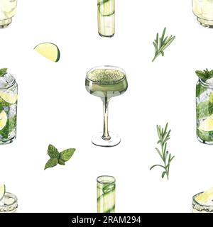 Wasserfarbenes, nahtloses Muster, Cocktailgläser: mojito, Limette, Matcha, Gurke. Handgezeichnete Darstellung isoliert auf weißem Hintergrund. Perfekt für Stockfoto