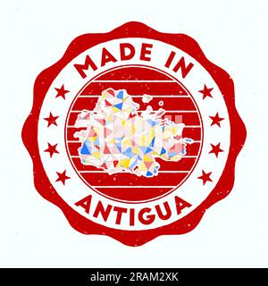 Hergestellt In Antigua. Runder Inselstempel. Dichtung aus Antigua mit Randform. Vintage-Abzeichen mit kreisförmigem Text und Sternen. Vektorabbildung. Stock Vektor