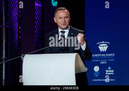 Andrzej Duda, Präsident der Republik Polen, spricht während der Eröffnungszeremonie bei den Esportmeisterschaften 2023 Stockfoto