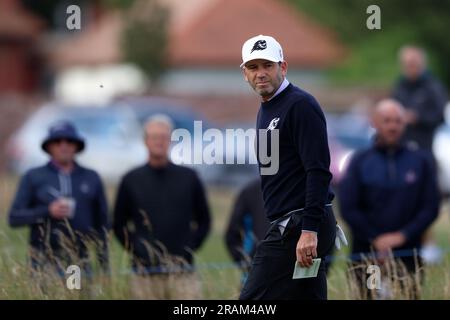 4. Juli 2023; West Lancashire Golf Club, Blundellsands, Liverpool, England: Finale Qualifikation für die Open; Sergio Garcia (ESP) beginnt seine Runde mit dem 10. Tee Stockfoto