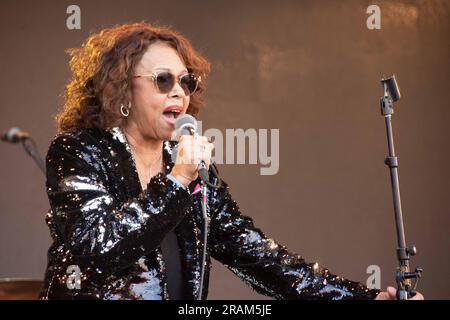 Brighton, East Sussex, Großbritannien. 2. Juli 2023. Candi Staton peformed Love Supreme Festival am 2. Juli 2023. Mit ihren Hits wie „Young Hearts run free“ begeisterte sie die Menschenmassen auf dem Festival in der Nähe von Brighton im Vereinigten Königreich. (Kreditbild: © Rod Harbinson/ZUMA Press Wire) NUR REDAKTIONELLE VERWENDUNG! Nicht für den kommerziellen GEBRAUCH! Stockfoto