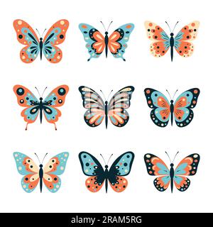 Symbolgruppe Für Flache Vektoren Mit Schmetterlingen Isoliert. Bunte Schmetterlinge Kollektion mit verschiedenen Flügeln. Dekorative Designelemente. Vektordarstellung Stock Vektor