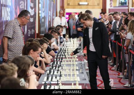 Zagreb, Kroatien. 04. Juli 2023. Magnus Carlsen, der beste Schachspieler der Welt, während der feierlichen Eröffnung des Schachturniers Rapid & Blitz der kroatischen Grand Chess Tour im Westin Hotel in Zagreb, Kroatien am 4. Juli 2023. Foto: Jurica Galoic/PIXSELL Credit: Pixsell/Alamy Live News Stockfoto