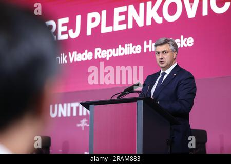 Zagreb, Kroatien. 04. Juli 2023. Andrej Plenkovic, Premierminister der Republik Kroatien, spricht während der feierlichen Eröffnung des Schachturniers „Kroatien Grand Chess Tour Rapid & Blitz“ im Westin Hotel in Zagreb, Kroatien, am 4. Juli 2023. Foto: Jurica Galoic/PIXSELL Credit: Pixsell/Alamy Live News Stockfoto