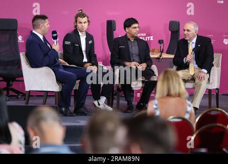 Zagreb, Kroatien. 04. Juli 2023. Magnus Carlsen, der beste Schachspieler der Welt, während der feierlichen Eröffnung des Schachturniers Rapid & Blitz der kroatischen Grand Chess Tour im Westin Hotel in Zagreb, Kroatien am 4. Juli 2023. Foto: Jurica Galoic/PIXSELL Credit: Pixsell/Alamy Live News Stockfoto