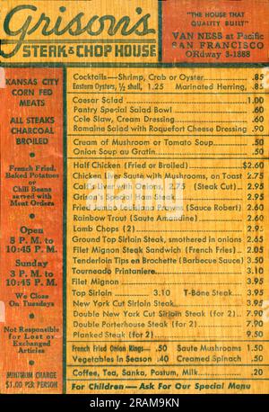 San Francisco, Kalifornien: ca. 1938. Die hölzerne Speisekarte von Grison's Steak House in San Francisco. Stockfoto