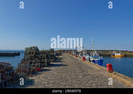 Blick auf den traditionellen Steinkai von Port Seton mit Krabben- und Hummertöpfen entlang der Länge, bereit für die Verwendung auf den festgeandeten Fischereifahrzeugen. Stockfoto