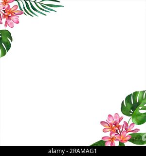 Tropischer Sommerhintergrund mit Monstera-Blättern und Plumeria-Blüten. Aquarelldarstellung. Designelement für Grußkarten, Hochzeitseinladungen, Stockfoto