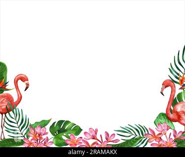 Im Sommer tropischer Hintergrund mit Flamingos, Monstera-Blättern und Plumeria-Blumen. Aquarelldarstellung. Design-Element für Grußkarten, Hochzeit i. Stockfoto