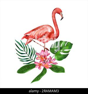 Rosa Flamingo, Plumeria und tropische Blätter isoliert auf weißem Hintergrund. Aquarelle Darstellung einer tropischen Komposition. Designelement für Greeti Stockfoto