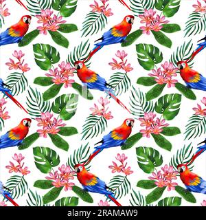 Wasserfarbenes Nahtmuster im tropischen Sommerthema. Papagei, Plumeria, Monstera grüne Blätter. Design für Textilien, Cover, Sommerbanner, Kleidung, Stockfoto