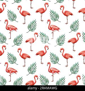 Rosa Flamingos und grüne Areka-Palmenblätter. Nahtlose Aquarelle auf weißem Hintergrund. Design von Textilien, Geschenkpapier, Kleidung, Abdeckungen. Stockfoto