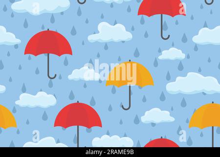 Nahtloses Muster für Regentage mit Regenschirmen, Wolken und Wassertropfen – Vektordarstellung Stock Vektor