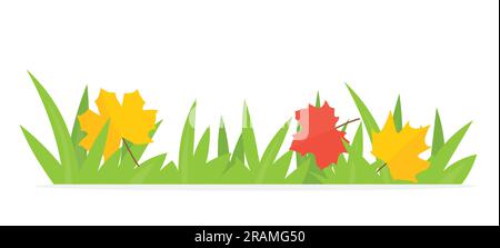 Grünes Gras mit bunten Ahornblättern, Herbstbanner - Vektordarstellung Stock Vektor