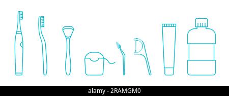 Set aus Zahnpflegeprodukten, Zahnbürste, Zungenreiniger, Mundspülung, Einfügen, seidenseidenseidenseidenseidenseidenförmige Symbole – Vektordarstellung Stock Vektor