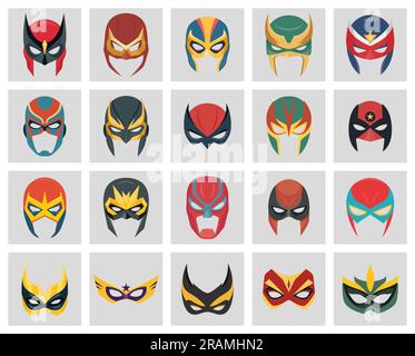 Vector Super Hero Masken in flacher Ausführung. Face Character, Superheld Comic Book Mask Collection. Superhelden Foto Requisiten, Frauen- und Männermasken, Karneval Stock Vektor