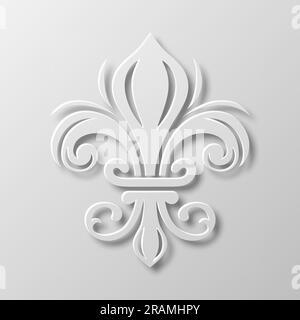 Vector Realistic Paper 3D Fleur De Lis Nahaufnahme auf weißem Hintergrund. Heraldisches Lily-Zeichen, Vektorbild Stock Vektor