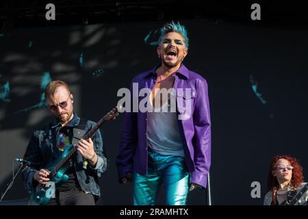 Adam Lambert trat auf der Hauptbühne von Pride in London auf, dem Trafalgar Square Stockfoto