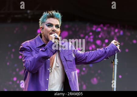 Adam Lambert trat auf der Hauptbühne von Pride in London auf, dem Trafalgar Square Stockfoto