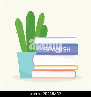 Konzept des spanischlernens, Bücherstapel und Kaktusblütenvektordarstellung Stock Vektor