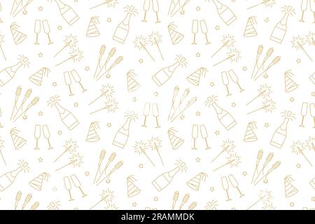 Nahtloses goldenes Muster am Silvesterabend mit Champagnerflasche, Gläsern, Feuerwerk, Glitzer und Partyhut – Vektordarstellung Stock Vektor