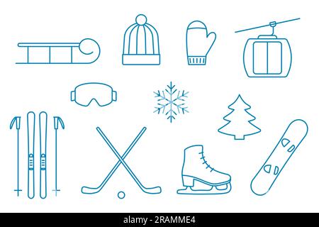 Symbole für den Wintersport: Skates, Skier, Snowboard, Seilbahn, Hockey, Schlitten, Tannenbaum, Schneeflocke, Handschuh, Hutvektor-Illustration Stock Vektor