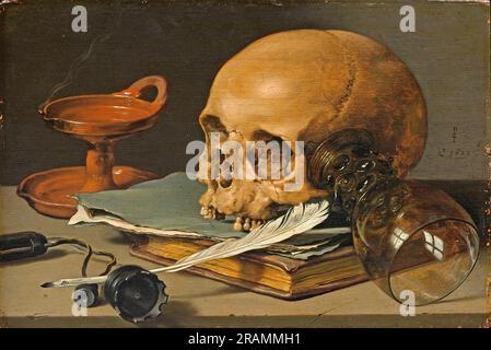 Stillleben. Schädel und Schreibmaschine Quill 1628 von Pieter Claesz Stockfoto