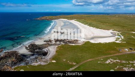 Panoramablick auf Balevullin Bay Beach, Isle of Tiree, innere Hebriden, Schottland. Stockfoto