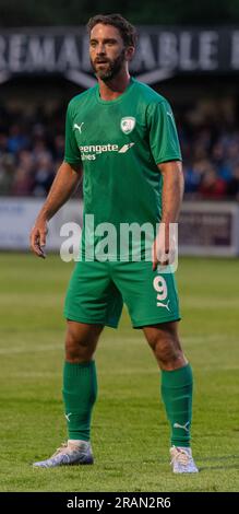 Matlock, Derbyshire, England, 4. Juli 2023. Chesterfield New Signing will Grigg, während des Matlock Town Football Club V Chesterfield Football Club im Proctor Cars Stadium, Pre-Season Friendly (Kreditbild: ©Cody Froggatt/Alamy Live News) Stockfoto