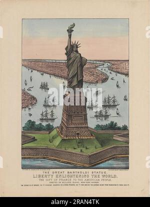 Die große Bartholdi-Statue, Freiheit, die die Welt erleuchtet. Das Geschenk Frankreichs an das amerikanische Volk 1885 von Currier und Ives Stockfoto