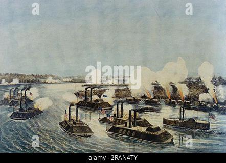 Bombardierung und Gefangennahme der Insel Nummer zehn auf dem Mississippi, 7. April 1862 1862 von Currier und Ives Stockfoto