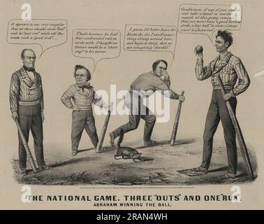 Das Nationalspiel. Drei Outs und ein Run 1860 von Currier und Ives Stockfoto