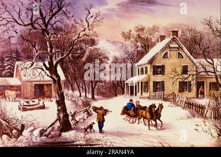 American Homestead Winter von Currier und Ives Stockfoto