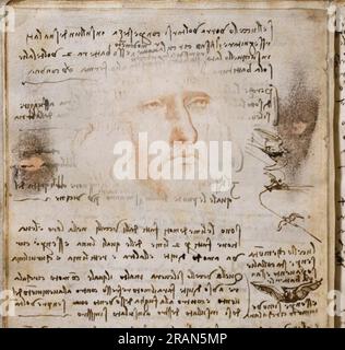 Selbstporträt auf dem Flug der Vögel Codex c.1485; Italien von Leonardo da Vinci Stockfoto