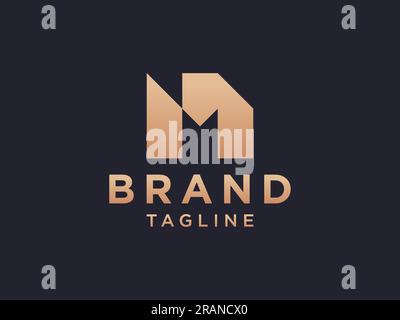 Abstraktes Logo mit dem ersten Buchstaben M. Linearer geometrischer Goldstil, isoliert auf schwarzem Hintergrund. Verwendbar für Geschäfts- und Gebäudelogos. Flaches Vektorlogo Des Stock Vektor
