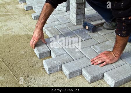 Ein Arbeiter legt Betonpflastersteine, um mit einem Hammer und einer Wasserwaage eine Terrasse zu bauen. Stockfoto