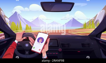 Weibliche Hände fahren Auto und halten Smartphone. Vektor-Cartoon-Illustration eines Lenkrades, weibliche Fahrerin, die telefoniert, während sie auf einer kurvenreichen Straße abbiegt, Blick auf den Bergsee durch die Windschutzscheibe Stock Vektor