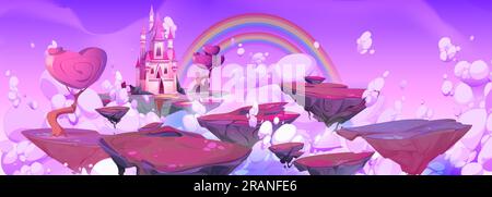 Purpurfarbener Fantasy-Himmel mit schwimmender Insel und magischer Burg-Zeichentrickfilm. Märchenhafter mobiler rpg-Spielvektor mit mittelalterlicher Prinzessinnen-Villa mit Regenbogenlandschaft auf einer Flugplattform Stock Vektor