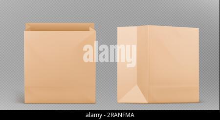 Realistische braune Papiersackmodelle isoliert auf transparentem Hintergrund. Vektordarstellung eines offenen Craft-Pakets mit leerer Oberfläche, bereit für Branding, Öko-Verpackung für Essen zum Mitnehmen, Mittagessen, Snack Stock Vektor
