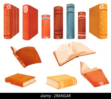 Ein Set aus vielen Aquarellbüchern. Open Brown, Red, Yellow, Blue Bücher isolierte Elemente. Polka-Punktmuster auf Lehrbüchern. Gemütliche Hausfarben. Zurück in die Schule Stockfoto