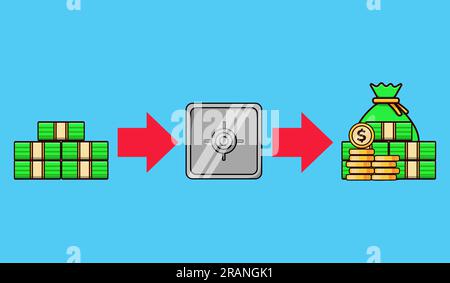 vektordarstellung der Investitionsphasen mit Geld, Banksafe und roter Pfeilrichtung Stock Vektor