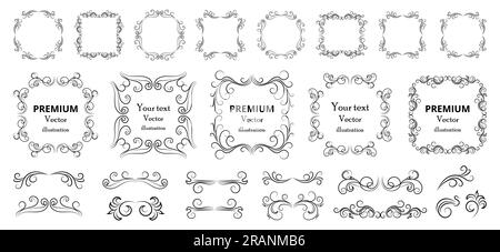 Kalligraphische Designelemente. Dekorative Wirbel oder Schriftrollen, Vintage-Rahmen, Blüten, Etiketten und Trennblätter. Retro-Vektordarstellung Stock Vektor