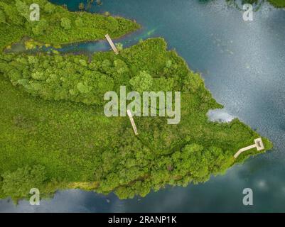Zenithaler Blick auf das Cardet-Reservoir im Vall de Boí im Frühling (Alta Ribagorcka, Lleida, Katalonien, Spanien, Pyrenäen) Stockfoto