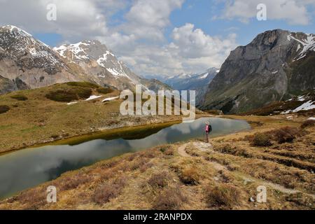 Panoramablick vom Lac du Clou (Clou-See) über dem Chaviere-Tal, Pralognan la Vanoise, den französischen Alpen, Tarentaise, Savoie, Frankreich Stockfoto