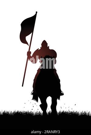 Silhouette eines mittelalterlichen Ritters auf Pferd, das eine Fahne trägt Stock Vektor