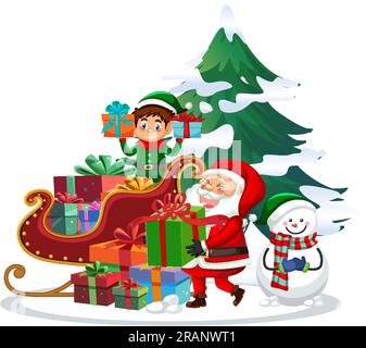 Elf und Weihnachtsmann Lieferung Weihnachtsgeschenke Illustration Stock Vektor