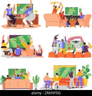 Fußballfans, die zu Hause ein Spiel ansehen, oder Bars Vector Stock Vektor