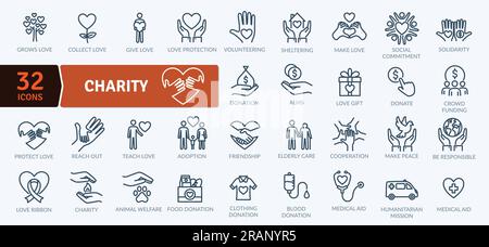 Charity Icons-Paket. Symbole für dünne Linien festgelegt. Einfache Vektorsymbole Stock Vektor